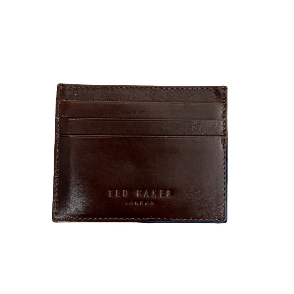Ted Baker Leather Wallet Brown Blue Embossed Logo Slim EDC Cards Classic Lined